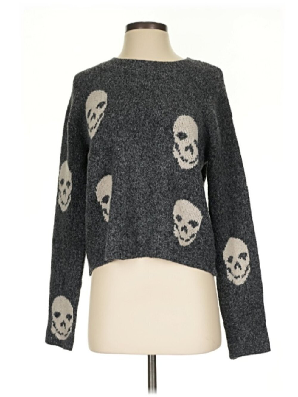 Pink Rose Women's Sz Medium Crewneck Sweater Dark Gray White Skull Print 5S28523